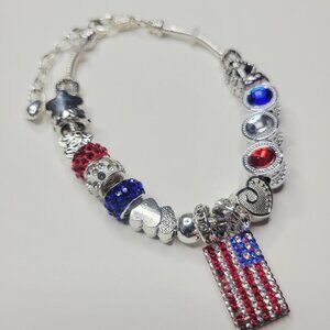 NWT Pandora Style Charm Bracelet USA Red White Blue American Flag Patriotic 8 in